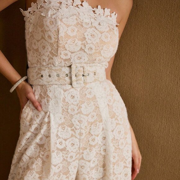 White Casual Women's Lace Fold Pleated Buckle Belted Strapless Jumpsuit - Picture 3 of 6